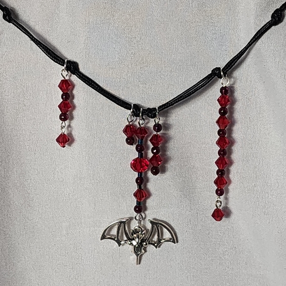 Jewelry - Handmade Gothic Red Crystal, Genuine Garnet and Silver Bat Pendant Necklace